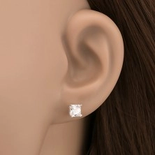 Silver earrings - sparkling square zircon with double prong