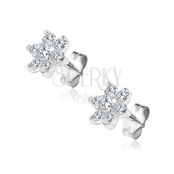 Silver earrings - little flower composed of clear zircons