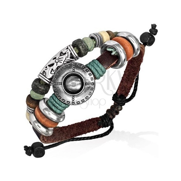 Leather bracelet - coloured beads, engraved flower and disk