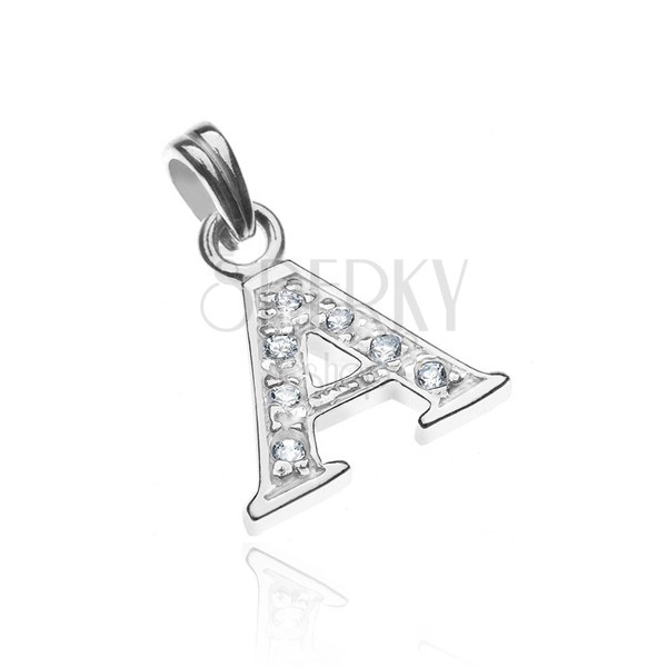 Silver pendant - block letter A, embedded zircons with dots