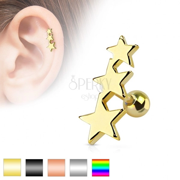 Stainless steel ear piercing - three stars joined together, a ball, various colours