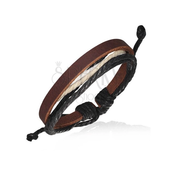 Leather bracelet - dark brown stripe with black and bright strings