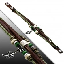 Leather multi-bracelet - slashed stripes, strings with beads, leaf