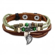 Leather multi-bracelet - slashed stripes, strings with beads, leaf