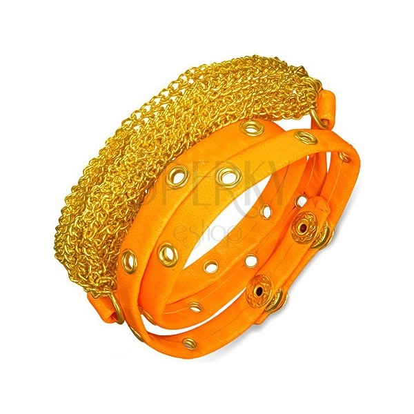 Artificial leather bracelet - gold chains, neon orange studded stripe