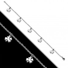 Steel chain for ankle with silvery four-leaf clovers