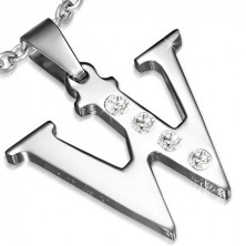 Pendant made of stainless steel - shiny letter W, clear zircons