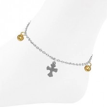 Stainless steel anklet with crosses and golden beads