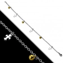 Stainless steel anklet with crosses and golden beads