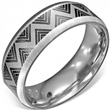 Steel ring - satin surface with black zigzag pattern
